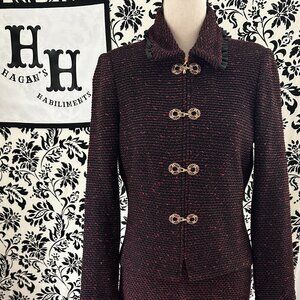 St John Magenta Tweed Leather Trim 2 Piece Suit with Skirt Size 0